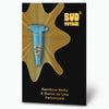 Digital art, hemp seeds in a blue capsule on golden wavy lines against a black background with the text Bud Voyage