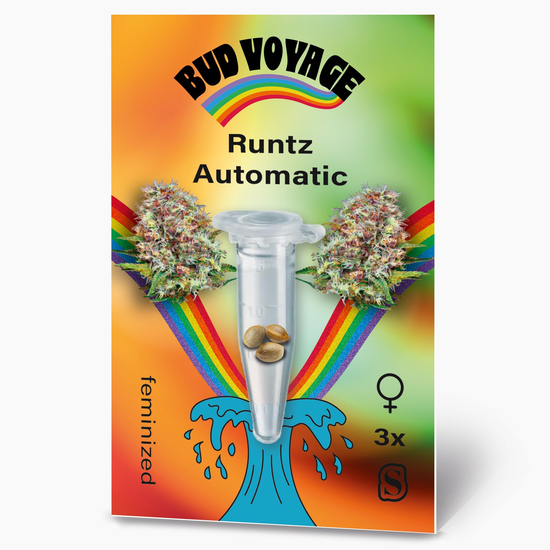 Bud Voyage Seed Pack: Runtz Automatic cannabis seeds in a test tube, surrounded by rainbow and nautical motifs, featuring three feminized seeds with vibrant green and purple inflorescences
