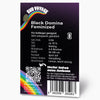 Bud Voyage graphic design: Black Domina feminized cannabis seed packet with rainbow, QR code and product details on a black background

