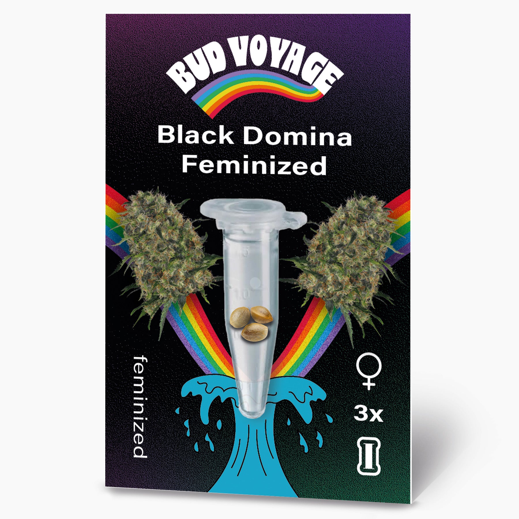 Bud Voyage: Digital print, Black Domina feminized cannabis seeds displayed in a test tube with rainbow and turquoise wave three seeds are visible