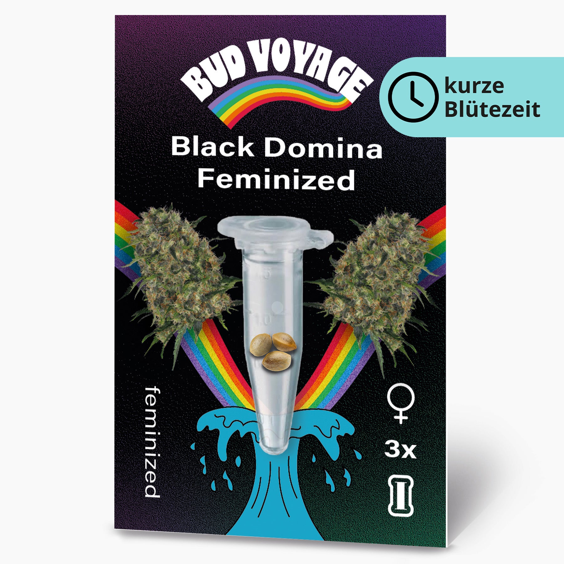 Bud Voyage graphic design: Black Domina feminized cannabis seeds in a test tube on a black background with rainbow and turquoise waves three seeds are visible
