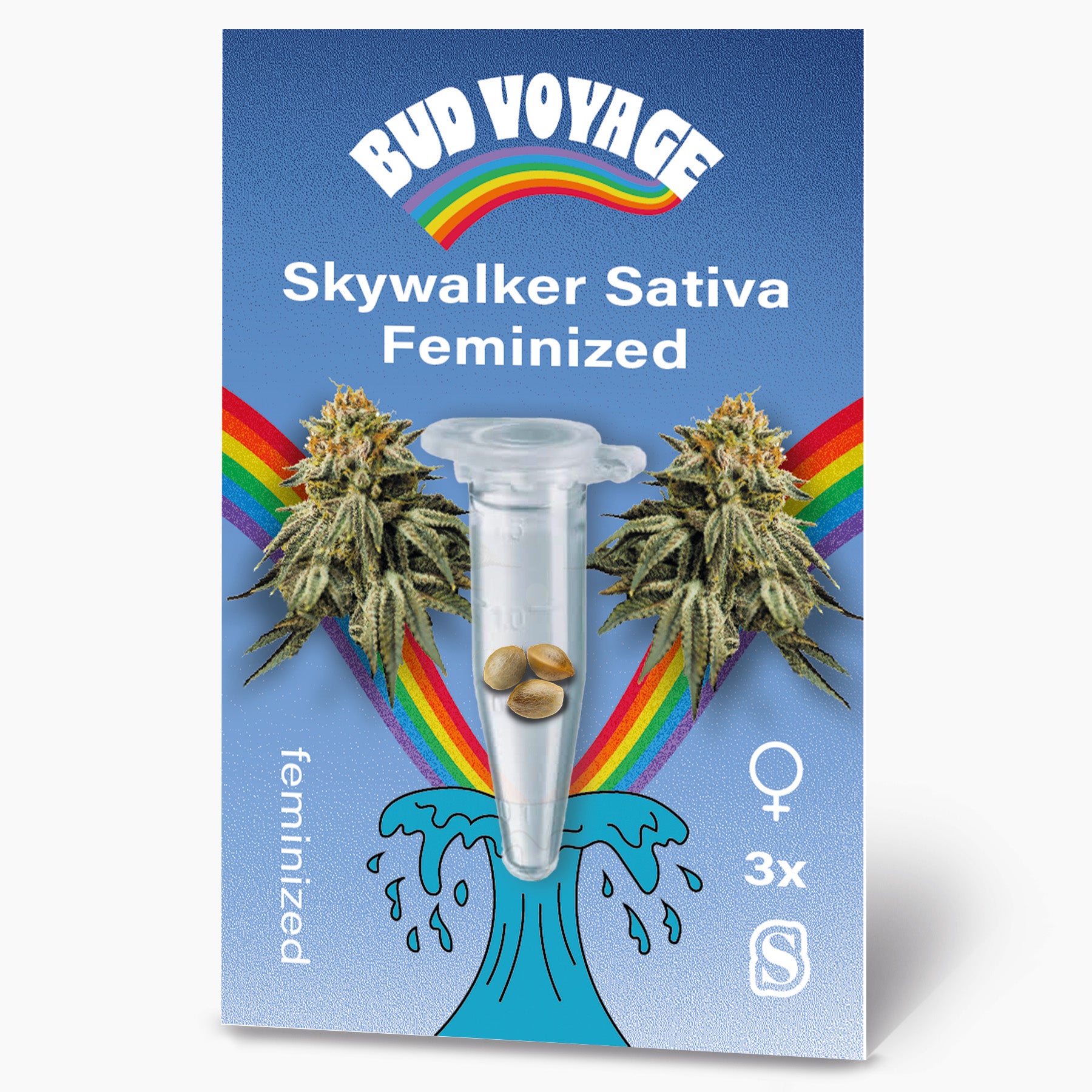 Bud Voyage Samensäckchen, zeigt Skywalker Sativa feminisierte Samen in einer Reagenzglas mit einem Regenbogen und einer blauen Welle, drei Samen,  leuchtend grüne Blütenstände
