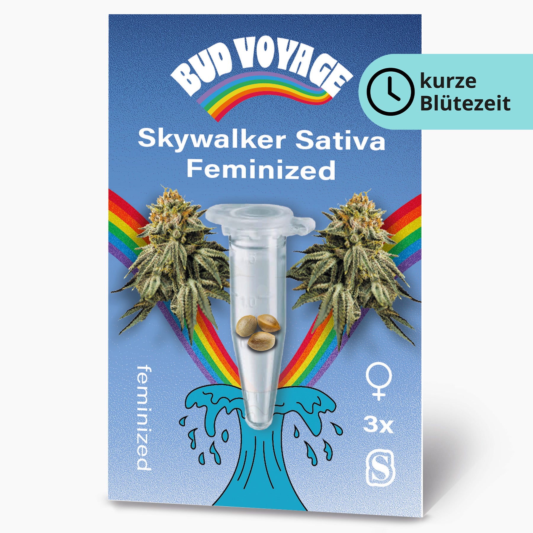 Bud Voyage Seed Bag: Skywalker Sativa feminized, features two marijuana flowers, three seeds in a plastic tube, a rainbow and a blue wave, with detailed leaves and bright colors
