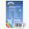 Bud Voyage Grafikdesign: Skywalker Sativa feminisierte Cannabis-Produktbeschreibung mit Regenbogen, QR-Code und detaillierten Anbauinformationen auf blauem Hintergrund

