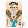 Bud Voyage Seed Pack graphic design: feminized cannabis seeds in a test tube surrounded by rainbows and a blue wave with three seeds showing female inflorescences

