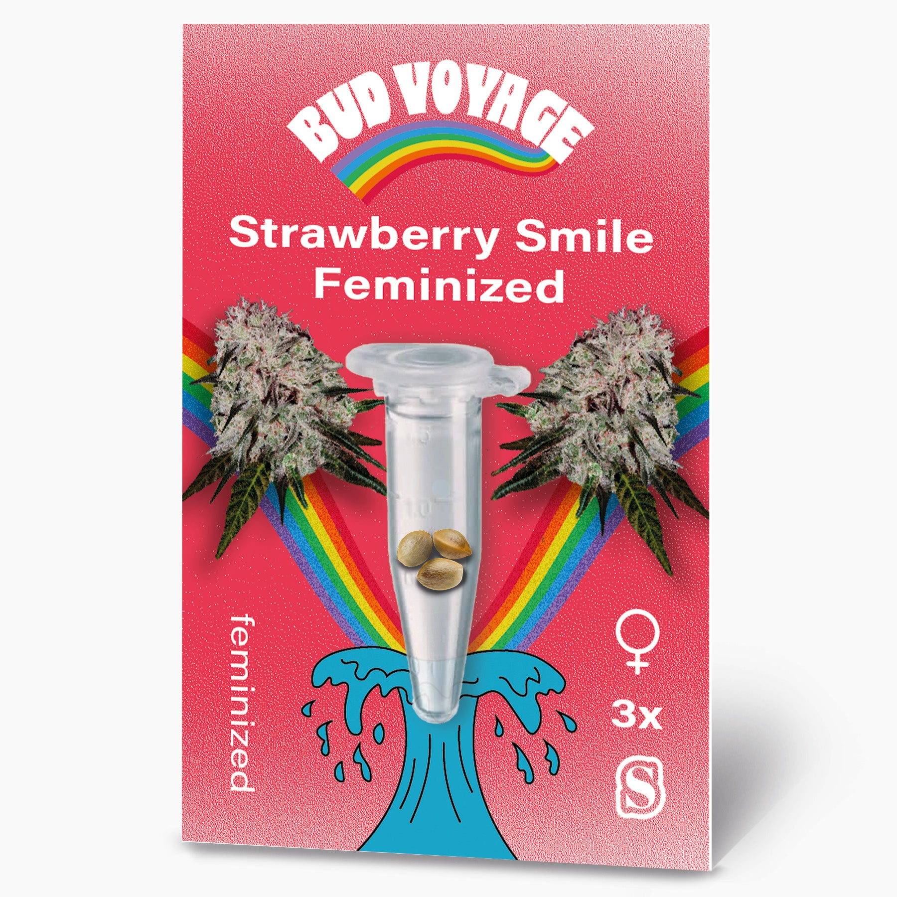 Bud Voyage graphic: feminized Strawberry Smile cannabis seeds in a test tube capsule against a pink background with rainbow and maritime elements