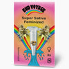 Bud Voyage Seed Pack: Super Sativa feminized seeds in a clear micro-tube surrounded by marijuana flowers and a rainbow, three seeds in bright colors and a stylized wave pattern
