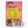 Bud Voyage product design: Super Sativa feminized hemp plant with rainbow, QR code and barcode, sweet tropical lemon notes
