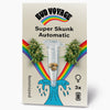 Bud Voyage Super Skunk Automatic seed collection features three feminized seeds in a test tube surrounded by marijuana buds and a rainbow with a blue wave pattern
