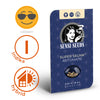Sensi Seeds graphic design shows Super Skunk Automatic cannabis seeds in dark blue packaging with a geometric pattern and an illustration of a woman with sunglasses and a trophy for a cannabis award
