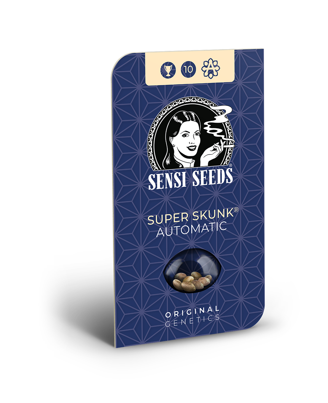 Sensi Seeds packaging shows Super Skunk Automatic seeds in a dark blue design with a retro woman and a geometric pattern ten seeds are pictured the seeds are light brown and are in a clear capsule