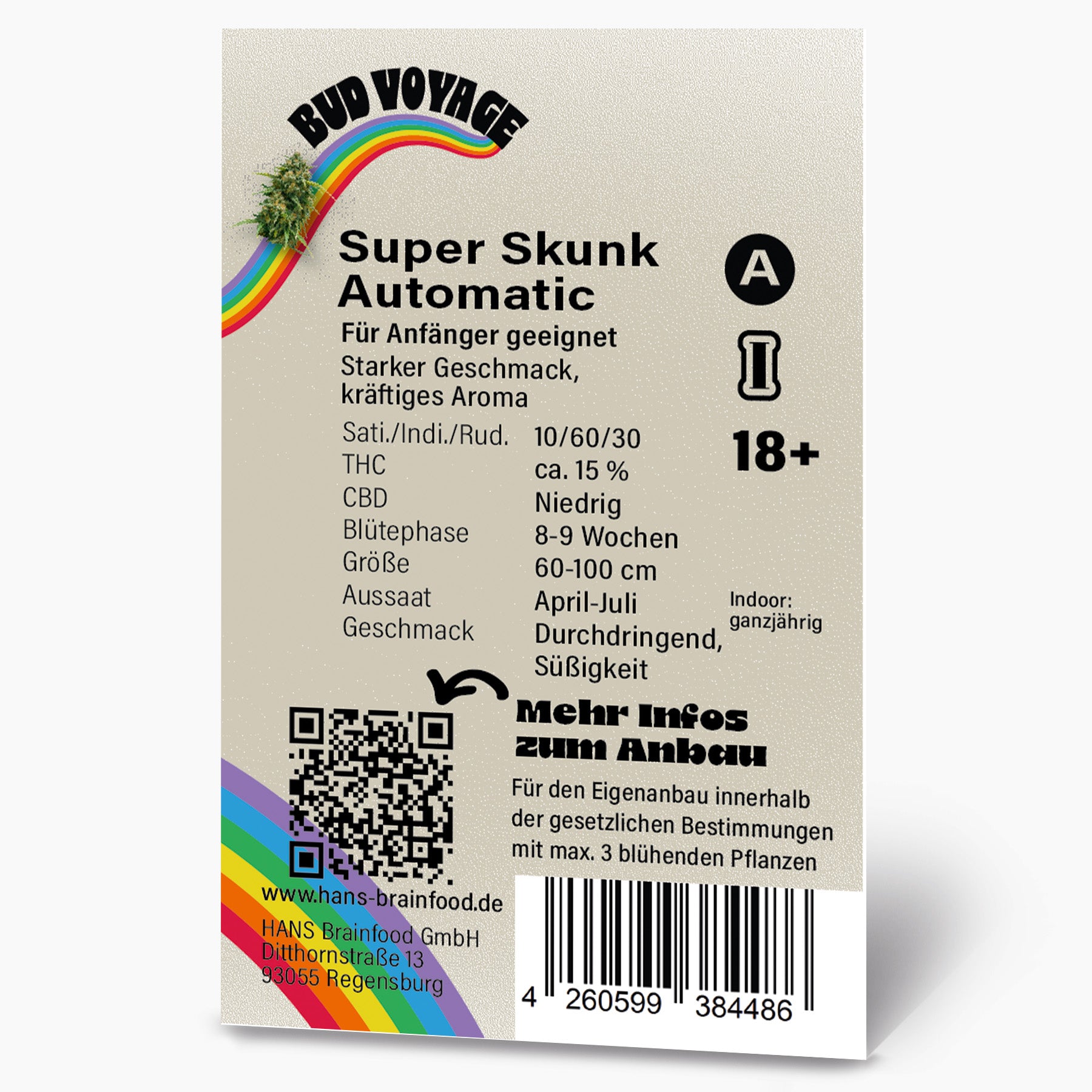 Graphic by Hans Brainfood GmbH: Super Skunk Automatic seed packet with rainbow, QR code and detailed cultivation information.
