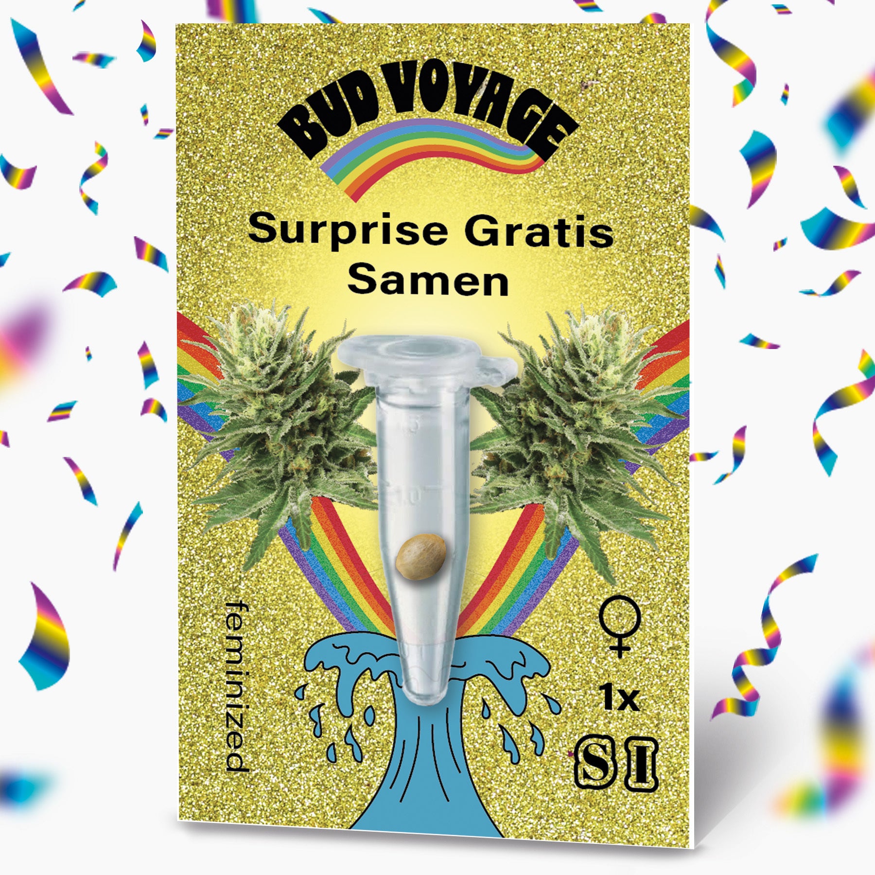 Bud Voyage surprise free seed pack features marijuana seeds in a micro-tube flanked by two cannabis plants, a rainbow and confetti on a gold glitter background
