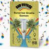 Bud Voyage surprise free seed pack features marijuana seeds in a micro-tube flanked by two cannabis plants, a rainbow and confetti on a gold glitter background
