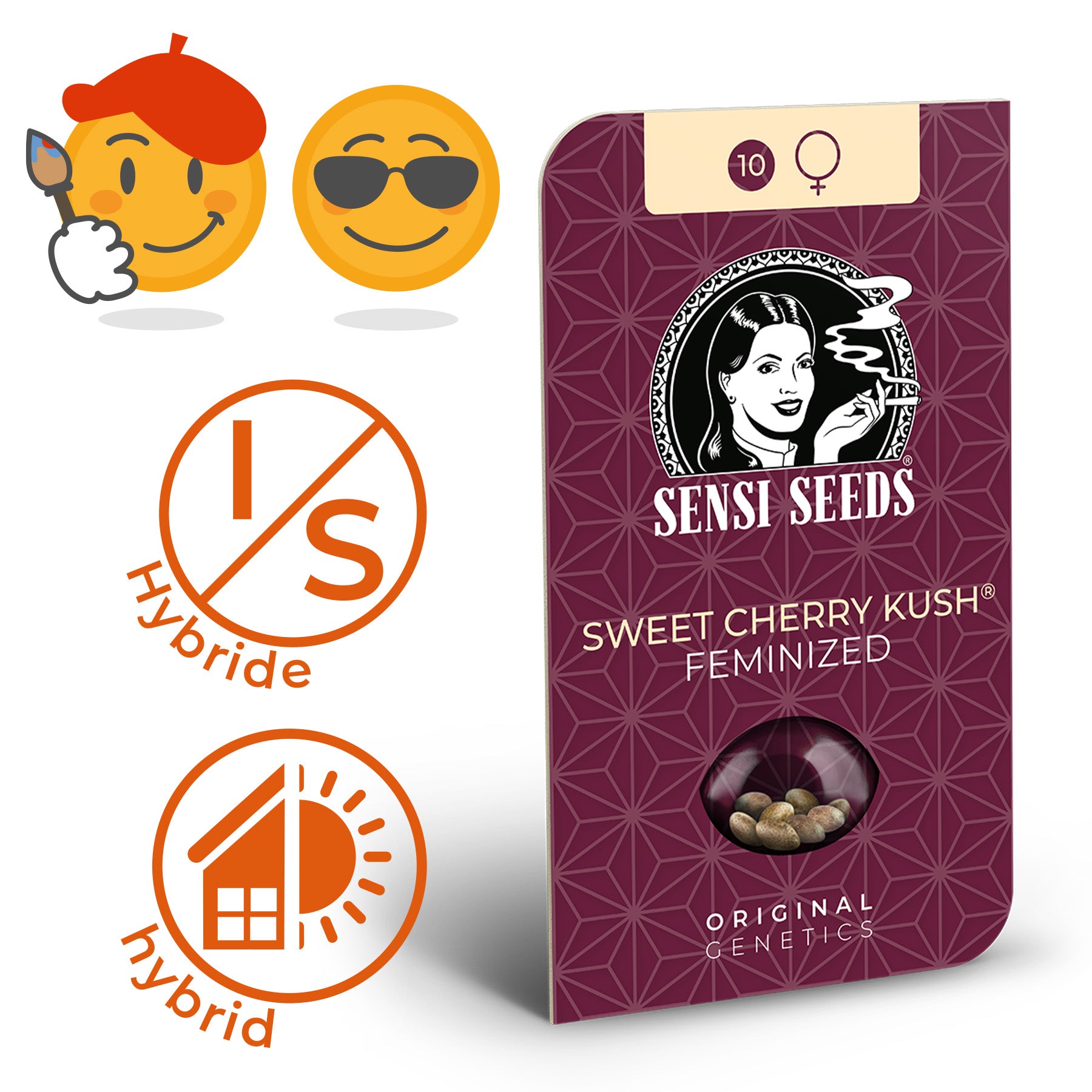 Sensi Seeds graphic design shows Sweet Cherry Kush feminized seeds in a burgundy packaging with a geometric pattern and an illustration of a woman smoking a cigarette the seeds are visible in a clear capsule with brown and grey hues
