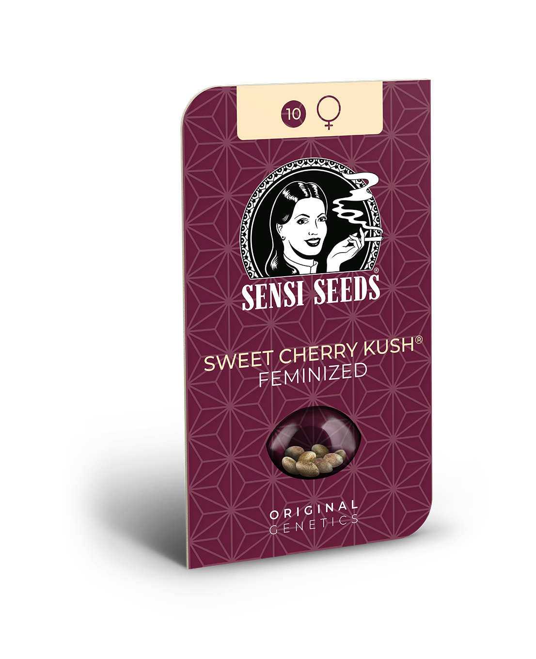 Sensi Seeds packaging features Sweet Cherry Kush feminized seeds in a burgundy red design with a retro woman and geometric patterns ten seeds are pictured

