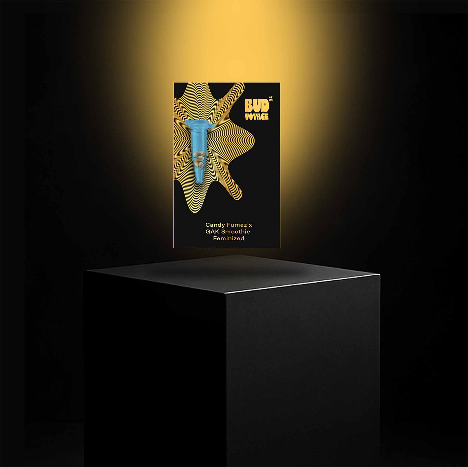 Digital art by Bud Voyage shows a blue test tube with seeds on a black background with golden wavy lines and the name of the feminized cannabis strain Candy Fumez x GAK Smoothie