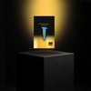 Digital art by Bud Voyage shows a test tube with hemp seeds on a golden background in front of a black cube with gold and blue accents