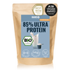 Product image of Hans 85% Ultra Protein Organic Powder, showing a glass of milk, a measuring cup and the logos for Organic Certification, Peta Vegan Award and Best New Product 2024, with high protein and magnesium content and vegan
