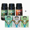 Product photo: Bud Voyage seeds, fertilizer Start Booster, Cultiva 3 and Final Top, cannabis strains Northern Lights, White Widow and Green Gelato, three feminized seeds per pack, rainbow-coloured details and waterwave-shaped graphics
