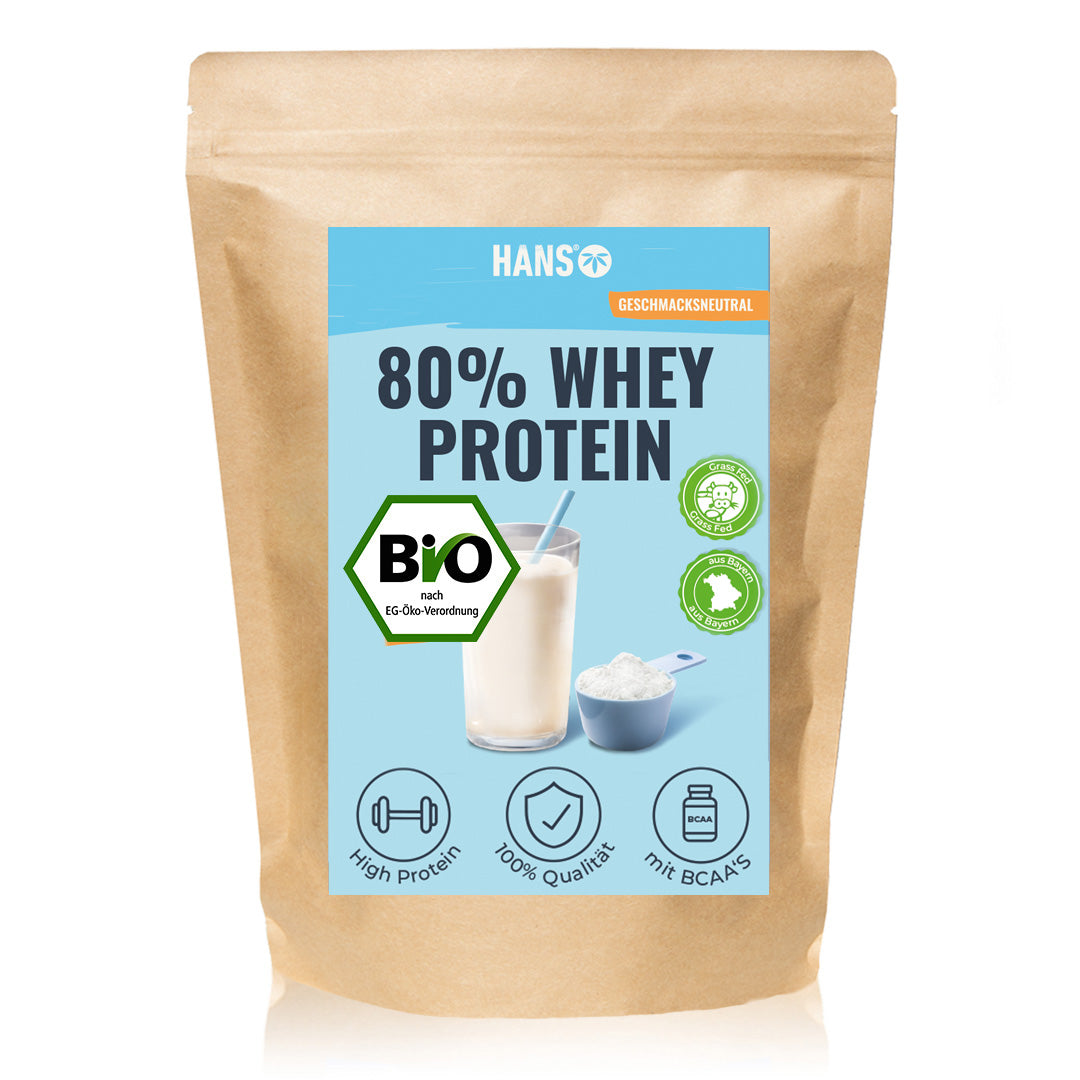 Hans brand 80% Whey Protein product package showing a glass of protein shake scoop of powder and various certifications including Bio and Grass Fed symbols in light blue and brown packaging
