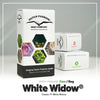 Product photo from Dutch Passion seeds, Amsterdam, showing White Widow seeds in different packaging with green and purple flower details and feminized seed packets
