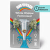 Bud Voyage product graphic: feminized White Widow seeds in a test tube, surrounded by rainbows and marijuana flowers with bright blue water details
