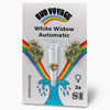 Bud Voyage graphic design featuring White Widow Automatic cannabis seeds in a test tube flanked by vibrant green buds against a rainbow backdrop and a stylized wave
