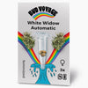 Bud Voyage graphic design: White Widow Automatic seeds, three feminized seeds in a test tube, surrounded by rainbow and maritime wave elements, showing cannabis flowers
