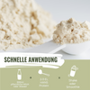 Product photo: A pile of light beige Hans protein powder in a white measuring spoon, detailed texture, soft coloring, easy preparation for shake or smoothie shown
