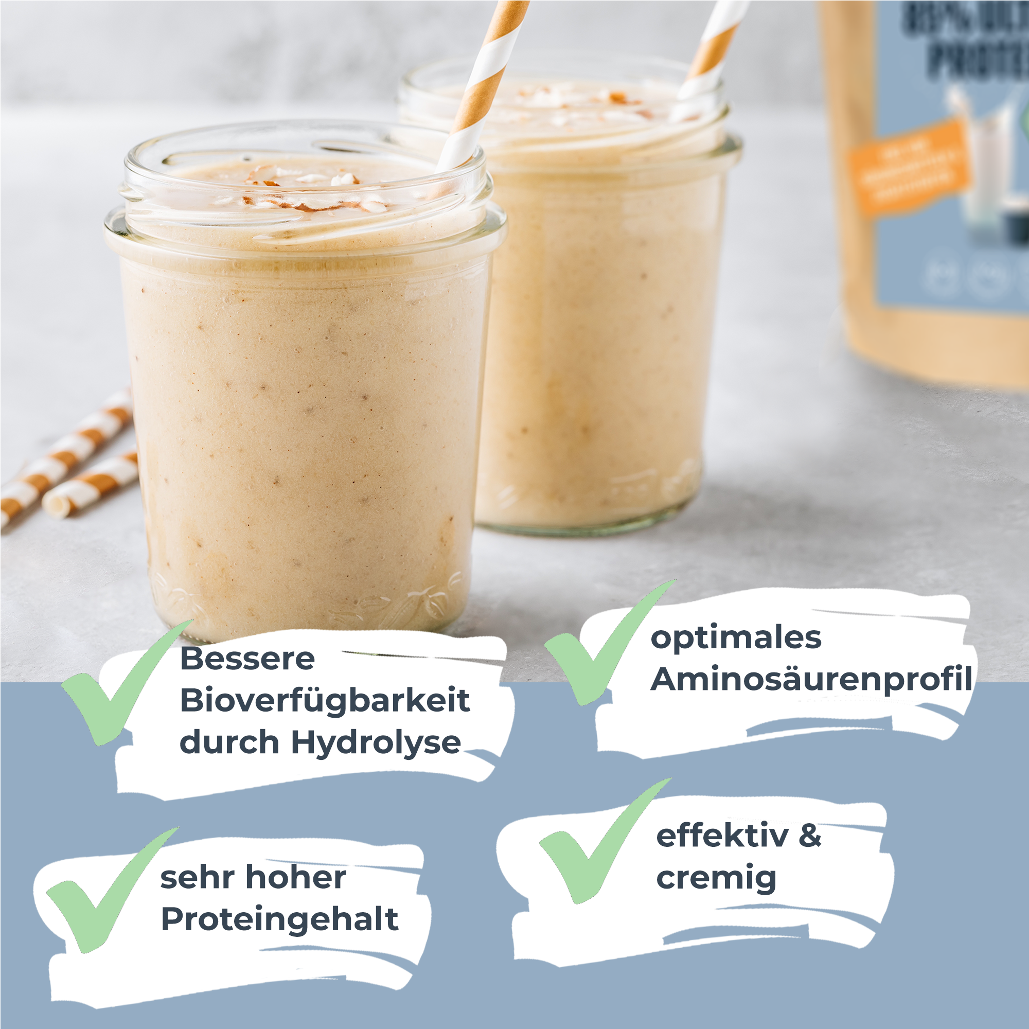 Food photography: Two creamy protein shakes in glasses with almond slivers, straws and a hint of shredded coconut on a light background
