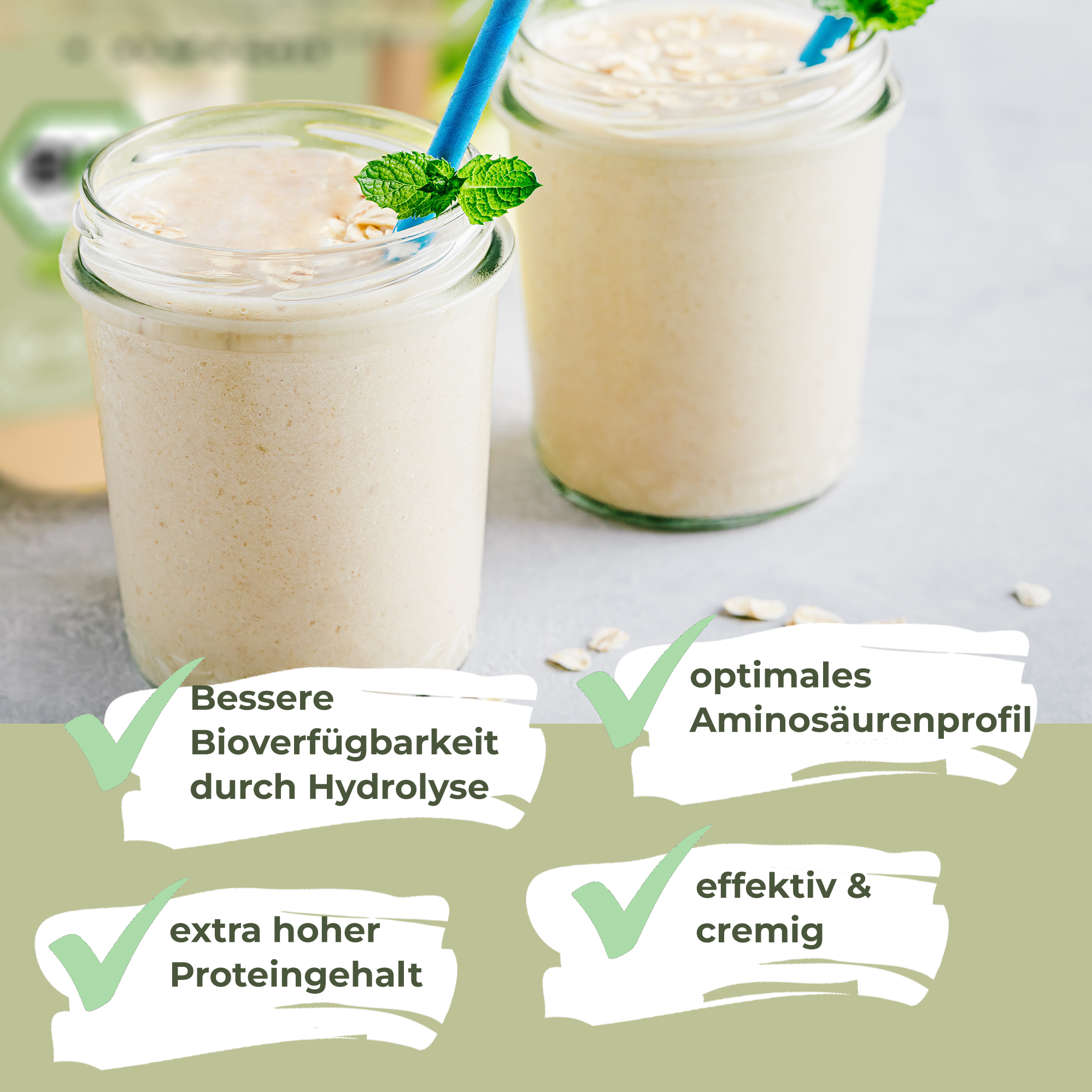 Photography: Two creamy oat drinks in glasses with mint and blue straws on a light background with oat flakes next to the glasses.