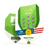 Royal Queen Seeds packaging shows ten Apple Fritter cannabis seeds in a green package with an American flag and apple logo
