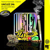 Digital illustration by 187 Seeds, featuring Unclez 24k cannabis product packaging, showcasing vibrant holographic lettering, a gold watch, and glistening buds against a black background.
