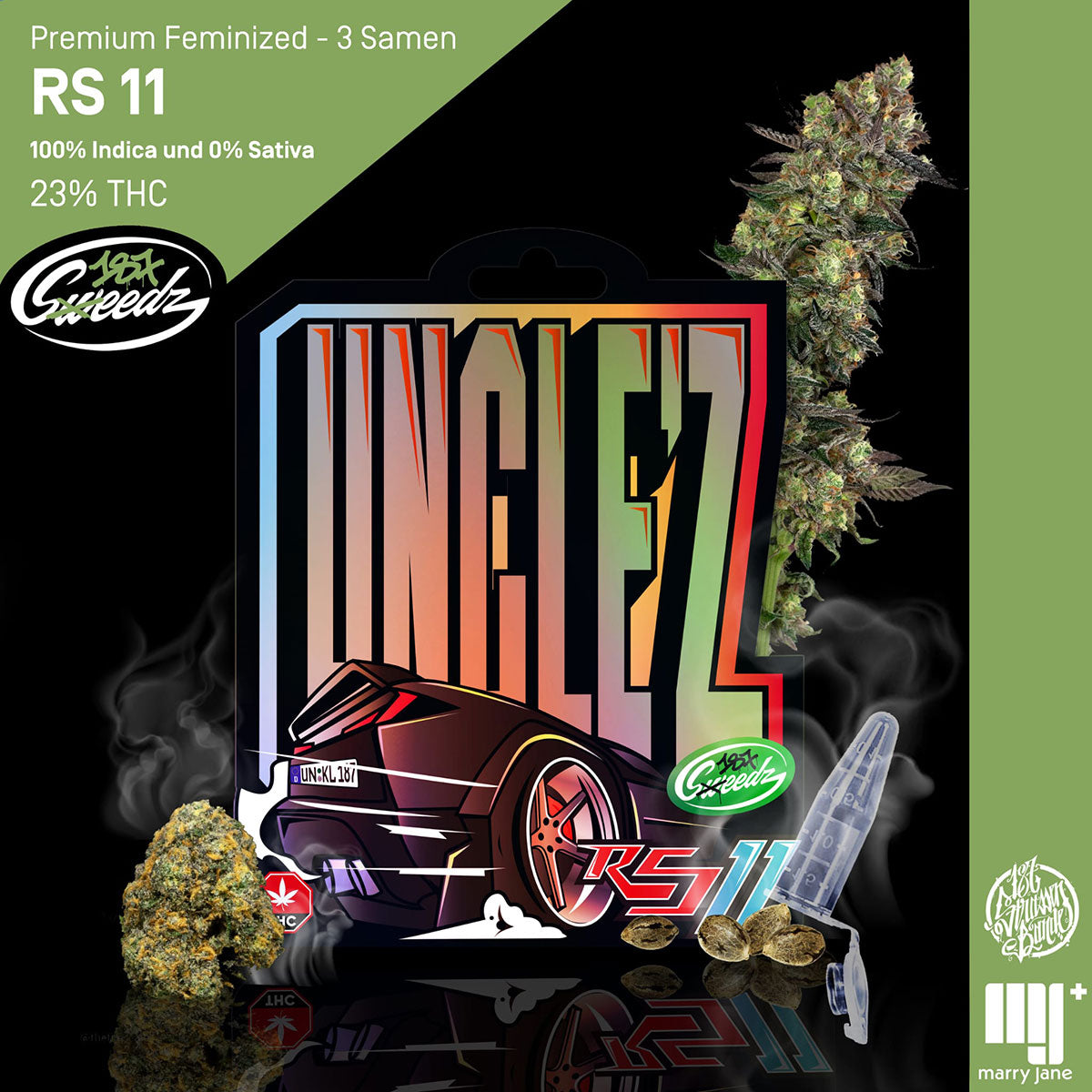Digital artwork by 187 Greeds depicting Unclez RS11 cannabis strain with a sleek black car, vibrant rainbow lettering, and three seeds against a dark background
