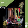 Digital artwork by 187 Greeds depicting Unclez RS11 cannabis strain with a sleek black car, vibrant rainbow lettering, and three seeds against a dark background
