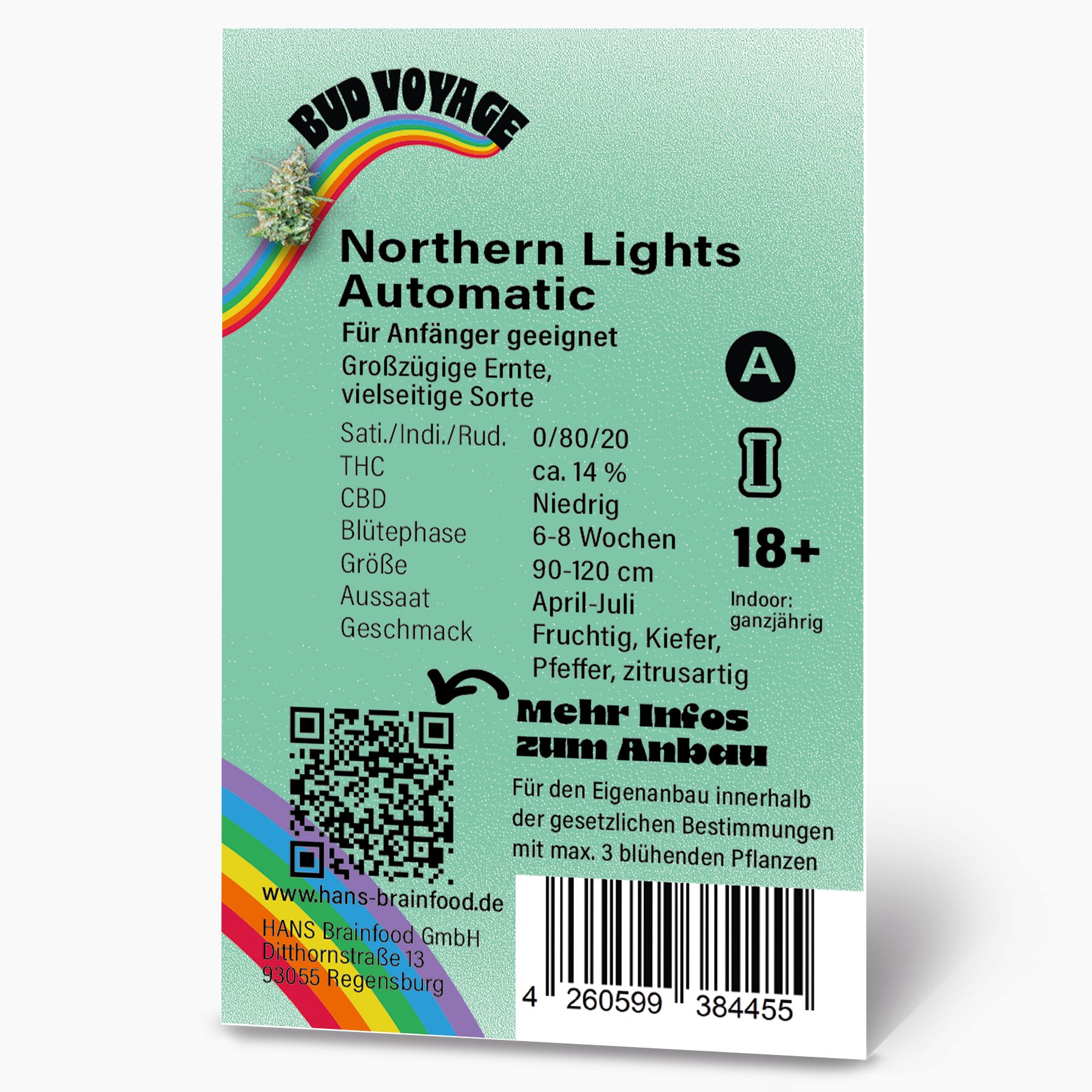 Graphic by Hans Brainfood GmbH, showing Northern Lights Automatic Cannabis, rainbow and QR code with fruity, piney and citrusy notes
