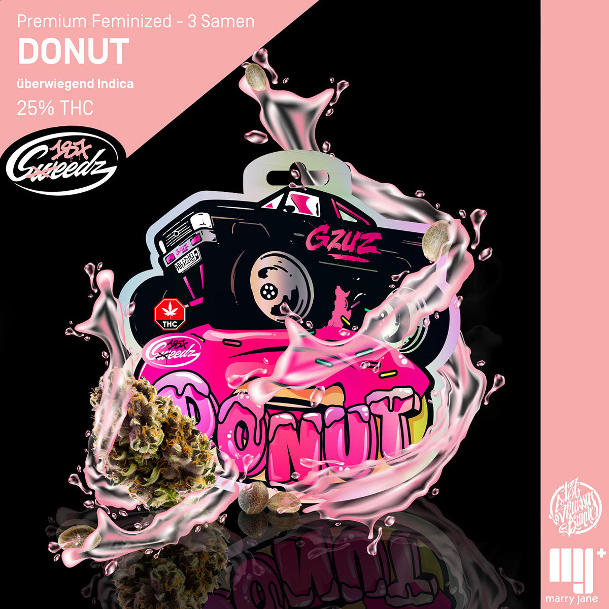 Digital illustration by 18X Gzuz Seeds showing a donut-shaped cannabis bud with a monster truck and pink THC splashes against a black background featuring seeds and the Gzuz logo