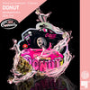 Digital illustration by 18X Gzuz Seeds showing a donut-shaped cannabis bud with a monster truck and pink THC splashes against a black background featuring seeds and the Gzuz logo