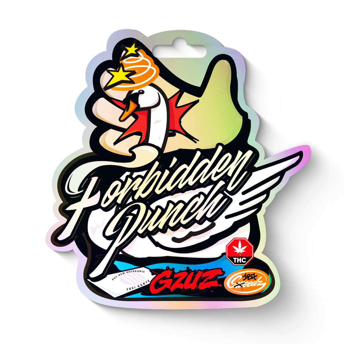 Digital illustration by GZUZ shows a swan with glowing stars holding a forbidden punch, with the words Forbidden Punch in stylized lettering and bright colors on a holographic sticker