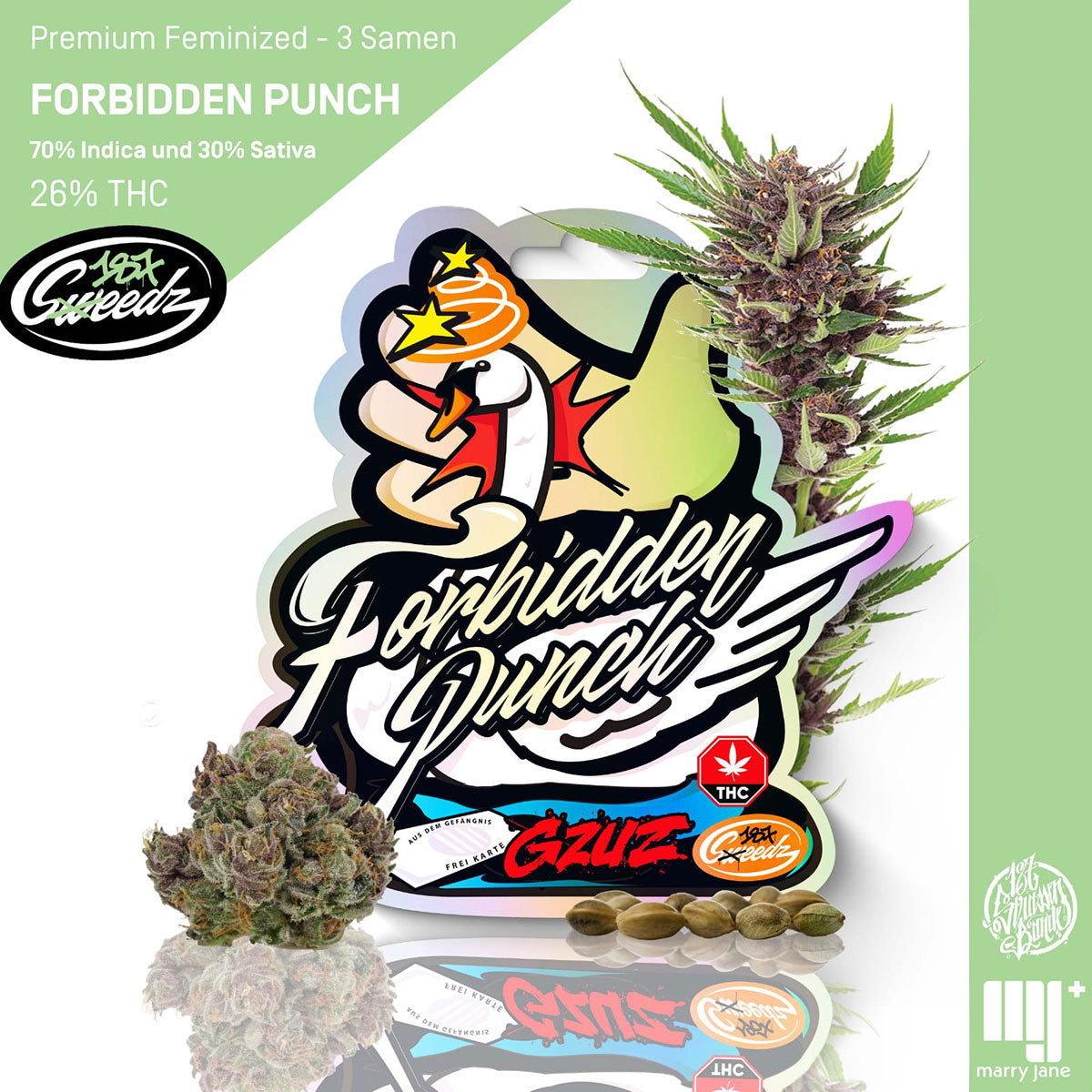 Digital illustration by Gzuz featuring Forbidden Punch cannabis strain showcasing purple buds, iridescent packaging with a cartoon swan, and three seeds.
