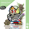 Digital illustration by Gzuz featuring Forbidden Punch cannabis strain showcasing purple buds, iridescent packaging with a cartoon swan, and three seeds.
