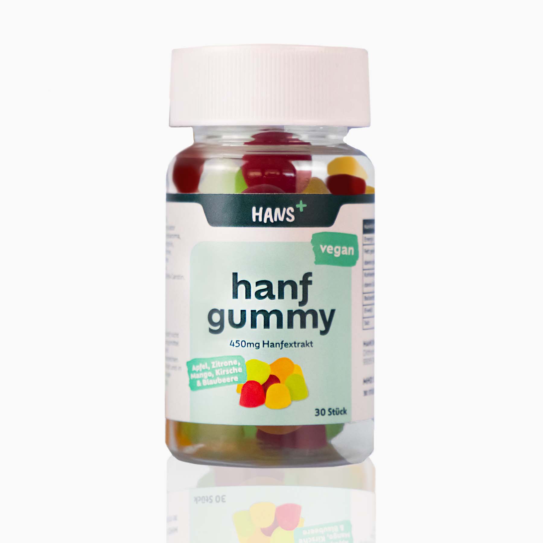 Product photo: A jar of HANS+ Hemp Gummy, vegan, with 450mg hemp extract in apple, lemon, mango, cherry and blueberry flavors, 30 pieces
