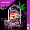 Digital illustration by Marry Jane: Phantasi Purp marijuana product packaging featuring a can with a city backdrop, purple marijuana flowers and seeds, with a cartoon fruit design and bright colors
