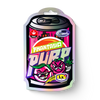 Digital illustration by LX 187: Phantasias Purp, can with city silhouette, marijuana leaves, cool fruit characters in bright shades of pink, green and orange

