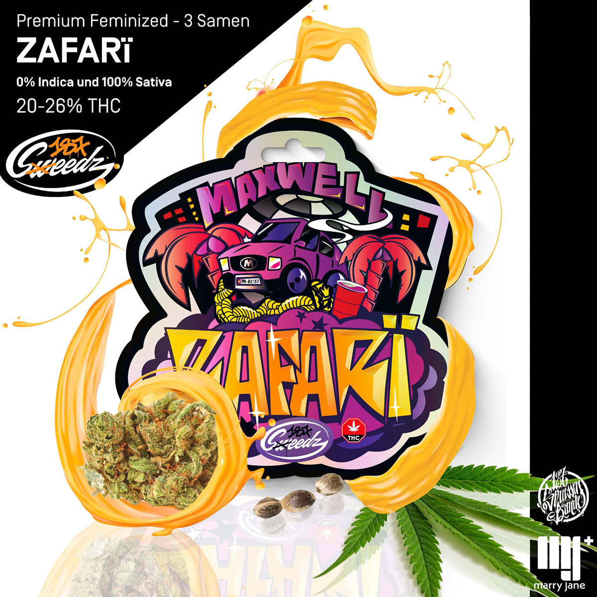 Maxwell's digital artwork features Zafari cannabis, a pink car, crustaceans and bright orange splashes against a white background
