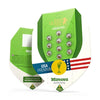 Royal Queen Seeds packaging, Mimosa autoflowering cannabis seeds, USA premium quality, twelve seeds in capsules, green packaging with American flag and champagne glass motif
