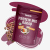 Product photo: Hans Protein Mix Kakao, packaging with cocoa beans, shows a smoothie and a muesli with berries and bananas, in deep red and with an organic seal
