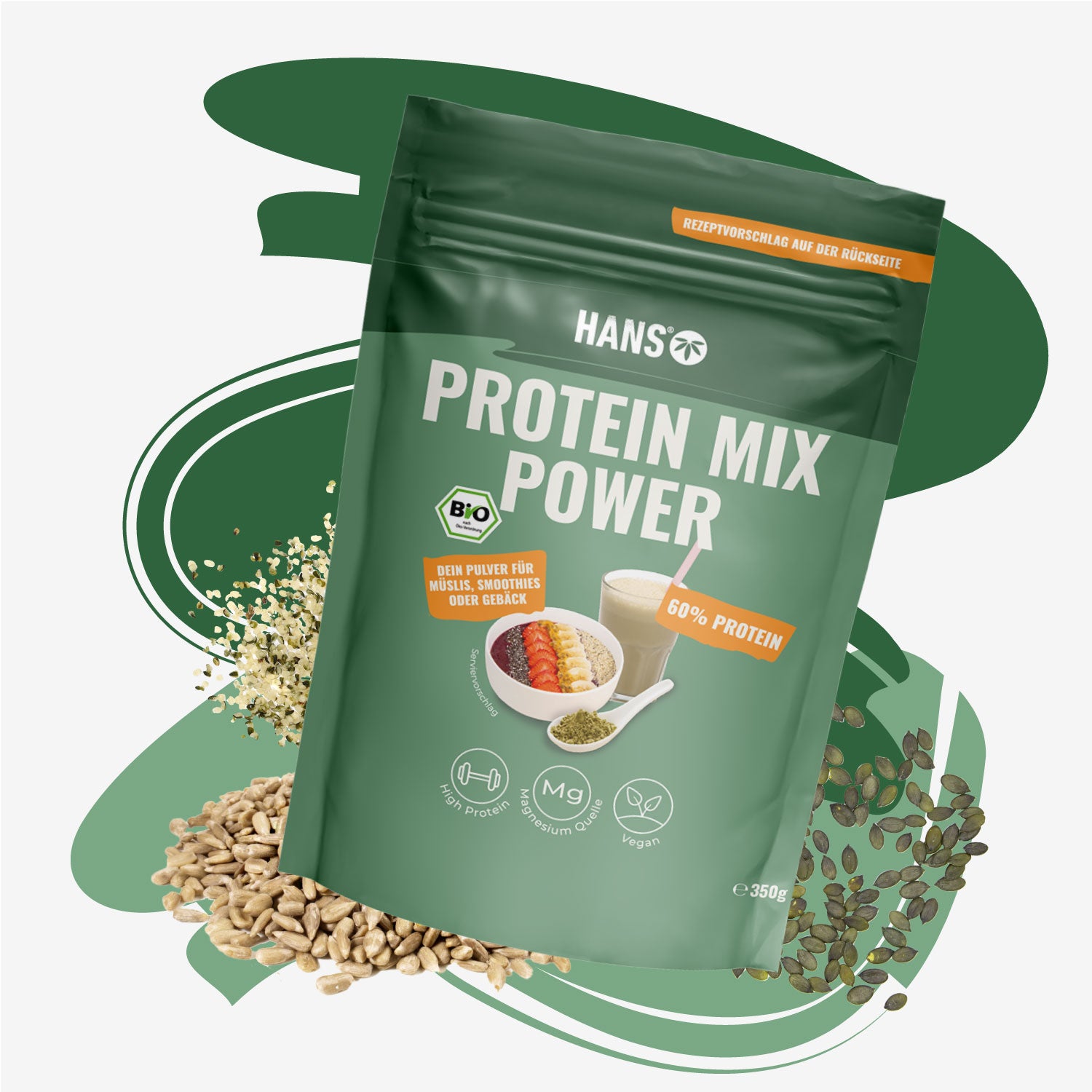 Product image of Hans Protein Mix Power, a vegan protein powder with sunflower seeds, hemp seeds and pumpkin seeds, ideal for mueslis and smoothies, in dark green packaging with 60% protein content
