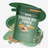 Product image of Hans Protein Mix Power, a vegan protein powder with sunflower seeds, hemp seeds and pumpkin seeds, ideal for mueslis and smoothies, in dark green packaging with 60% protein content

